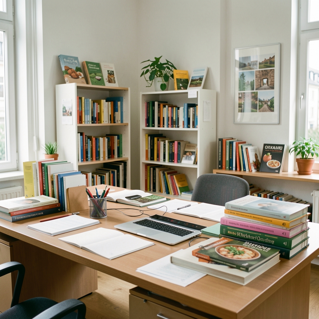 Redaktionsbüro von Oranu in Zürich – helle Arbeitsumgebung mit Büchern, Ernährungsfachliteratur und natürlichem Licht auf dem Schreibtisch