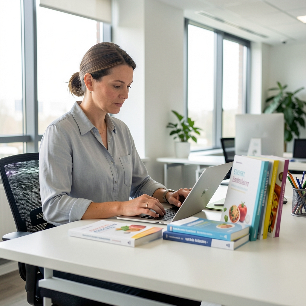 Qualifizierte Ernährungsfachperson bei der Recherche – Bücher und Fachliteratur zur Ernährungswissenschaft auf einem hellen Schreibtisch in einem modernen Büro