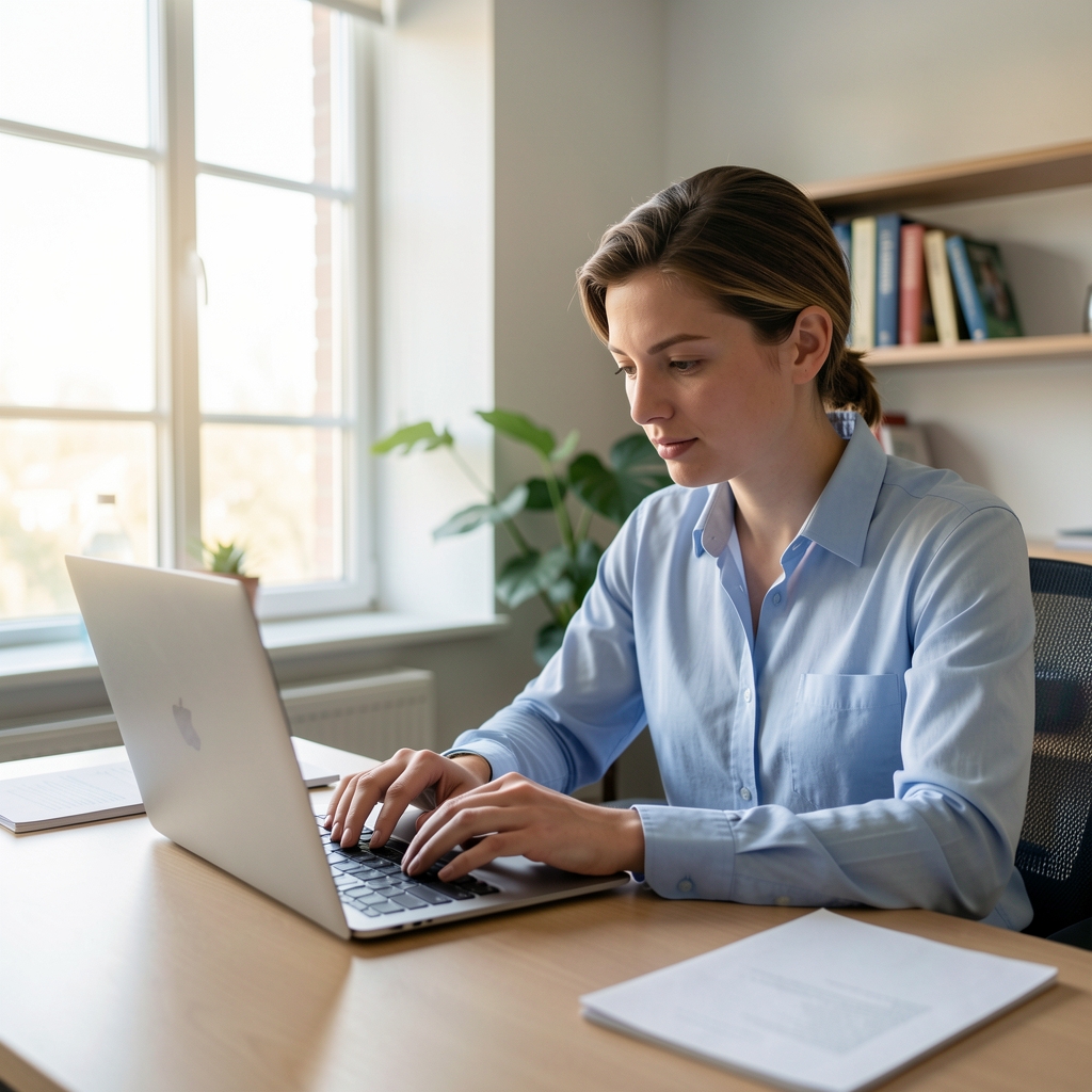 Person analysiert wissenschaftliche Ernährungsstudien an einem Laptop – konzentrierte Arbeitsatmosphäre in einem ruhigen Büro mit Tageslicht