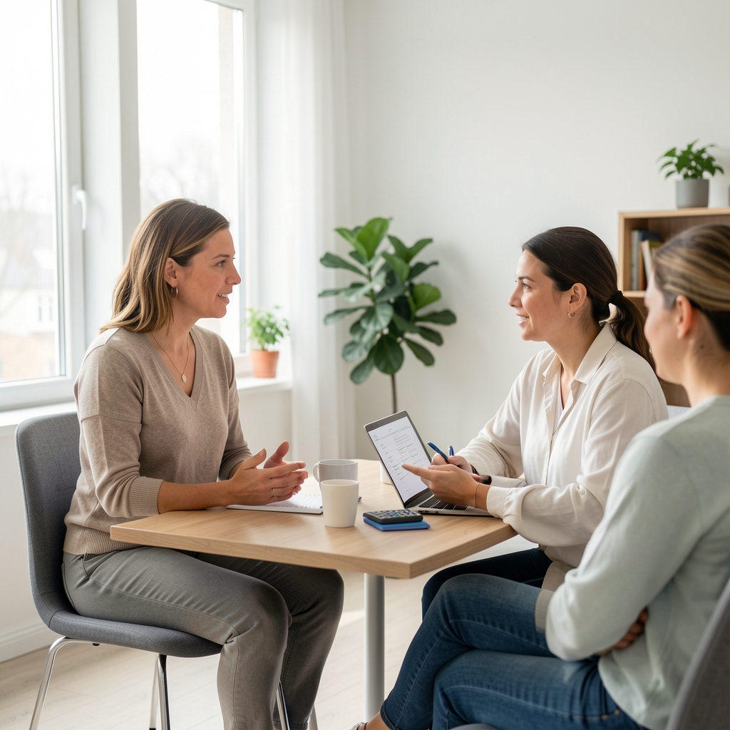 Wellness-Fachperson erklärt Ernährungsplan und gesunde Gewohnheiten in einem persönlichen Beratungsgespräch in einem hellen, modernen Raum