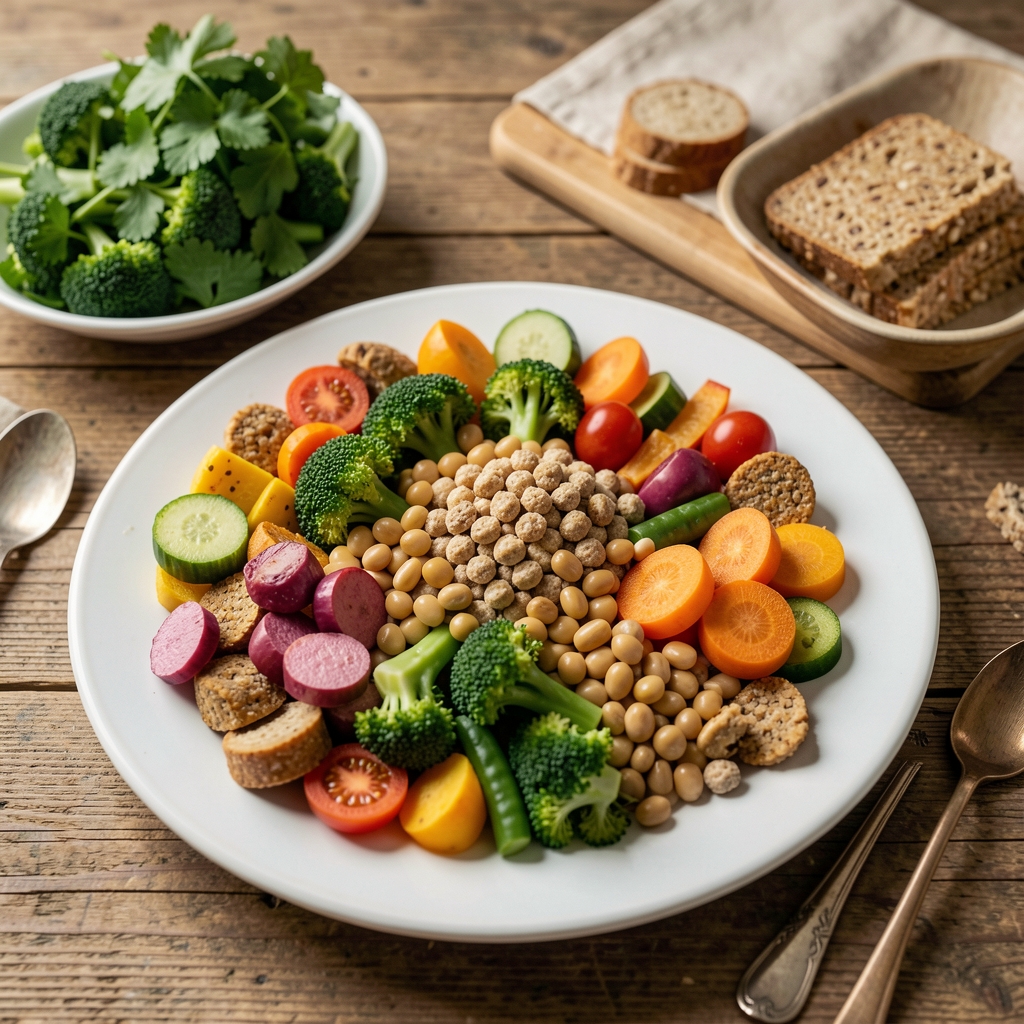 Frisch zubereitete, farbenfrohe Mahlzeit mit Gemüse, Hülsenfrüchten und Vollkornprodukten auf einem Holztisch – Ausdruck ausgewogener Ernährung