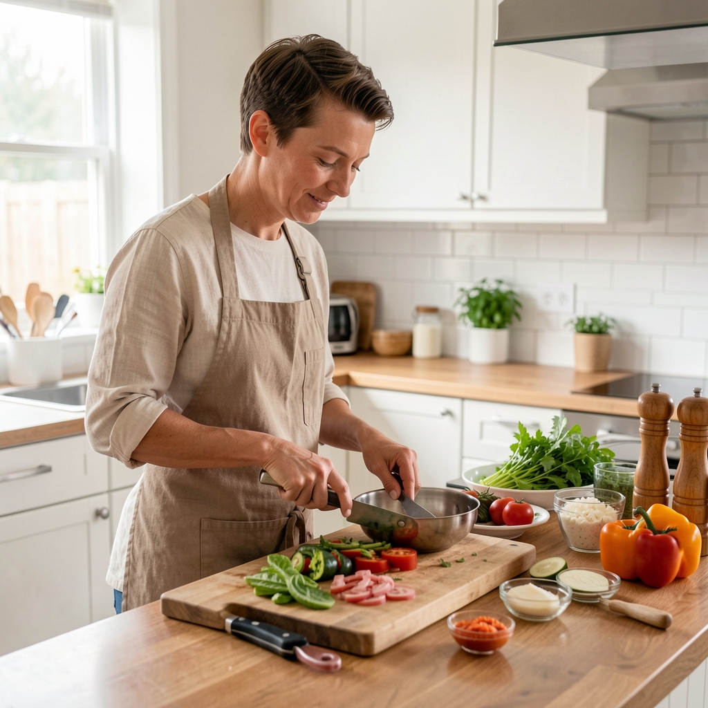 Person beim Kochen einer frischen, selbstgekochten Mahlzeit in einer hellen Küche – natürliche Zutaten auf dem Schneidebrett