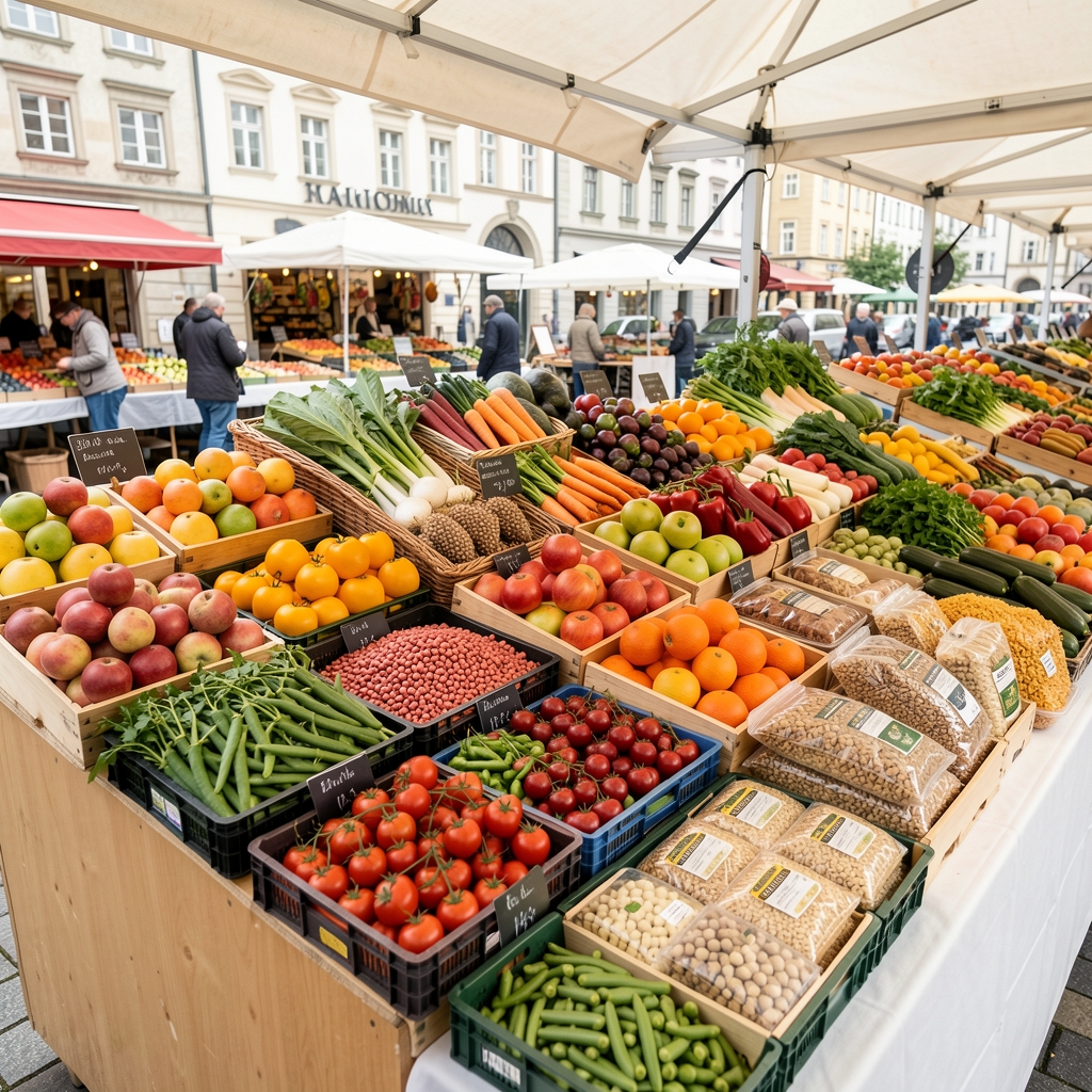 Vielfältige, farbenfrohe Auswahl an frischen Lebensmitteln auf einem hellen Marktstand in Zürich – Obst, Gemüse, Hülsenfrüchte und Vollkornprodukte