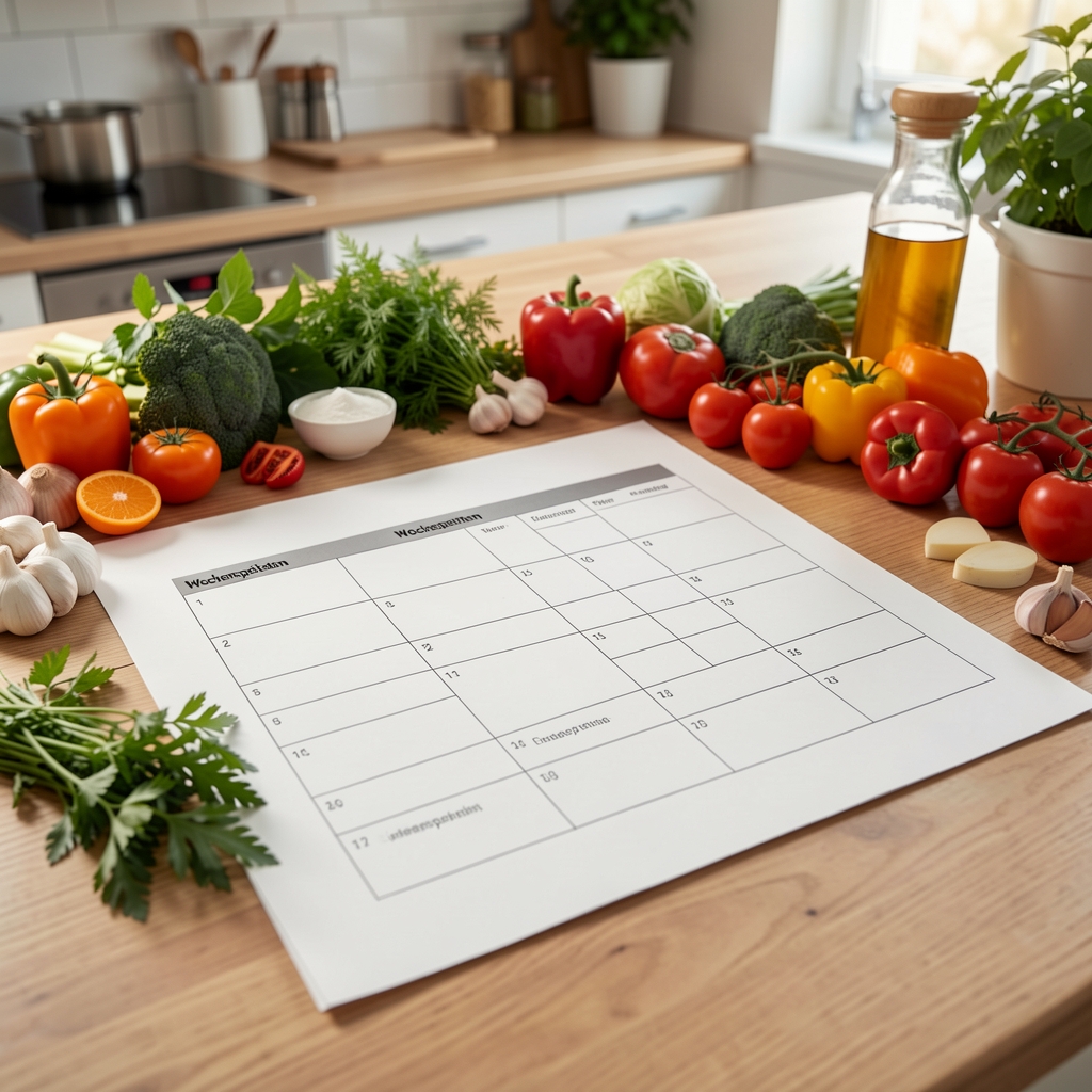 Sorgfältig geplanter Wochenspeiseplan auf Papier mit bunten Zutaten, frischen Kräutern und Gemüse auf einem Küchentisch