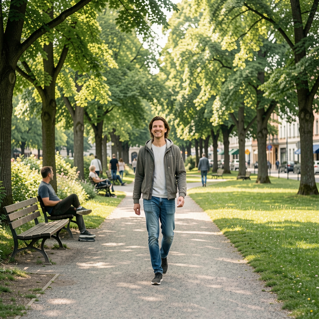 Person beim entspannten Morgenspaziergang in einem Zürcher Park – natürliches Licht, grüne Umgebung, aktiver Lebensstil im Alltag