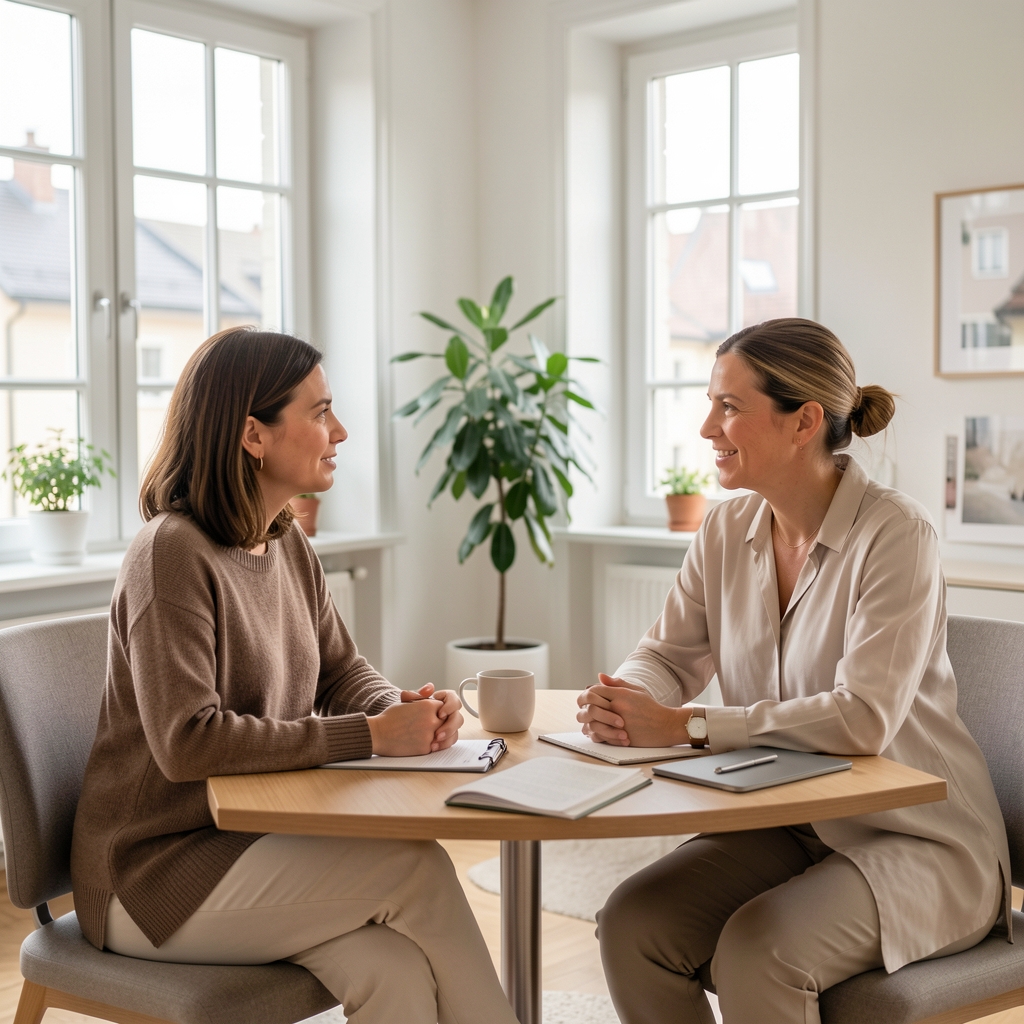 Persönliches Beratungsgespräch zwischen Klientin und qualifizierter Wellness-Fachperson in einem hellen, ruhigen Büro in Zürich