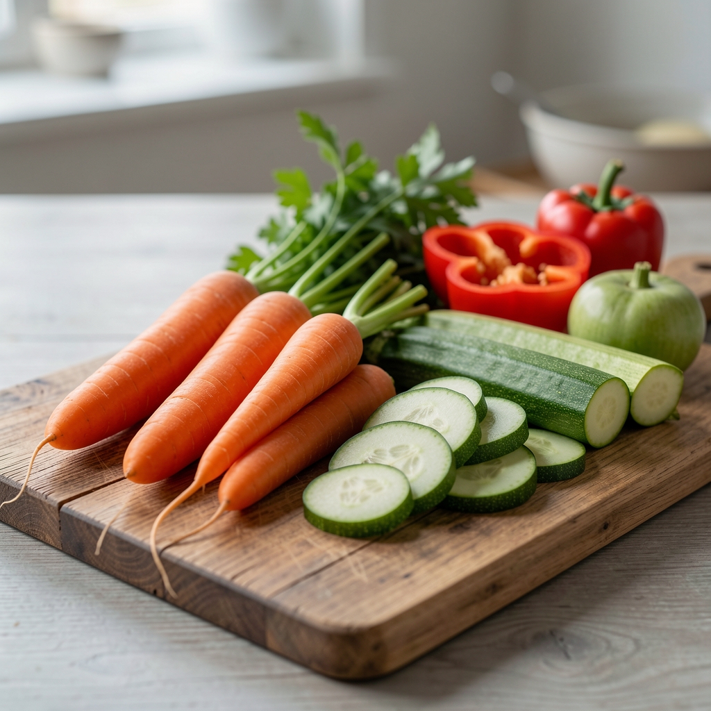 Frisch geschnittenes Gemüse – Karotten, Zucchini und Paprika – auf einem Holzbrett für eine ausgewogene, selbstgekochte Mahlzeit