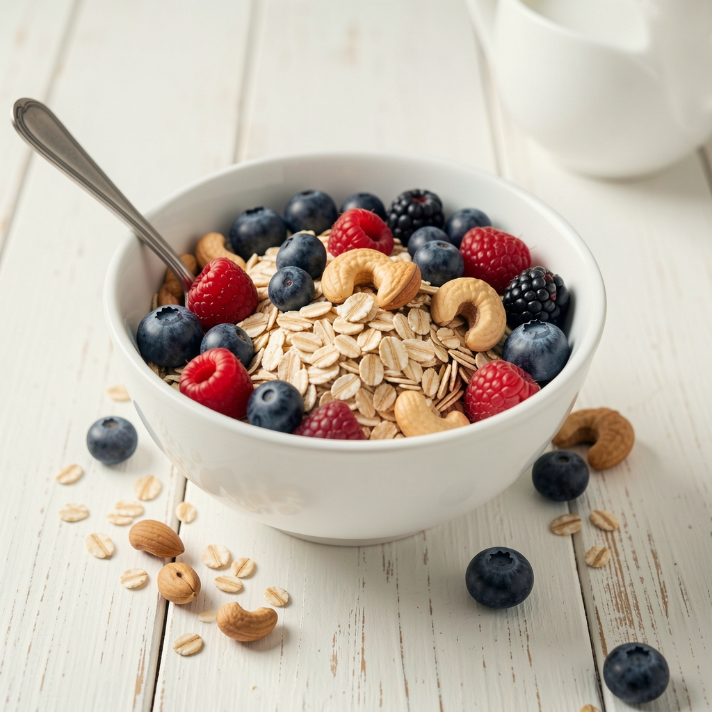 Gesundes Frühstück mit Haferflocken, frischen Beeren und Nüssen in einer weissen Schüssel auf einem hellen Holztisch