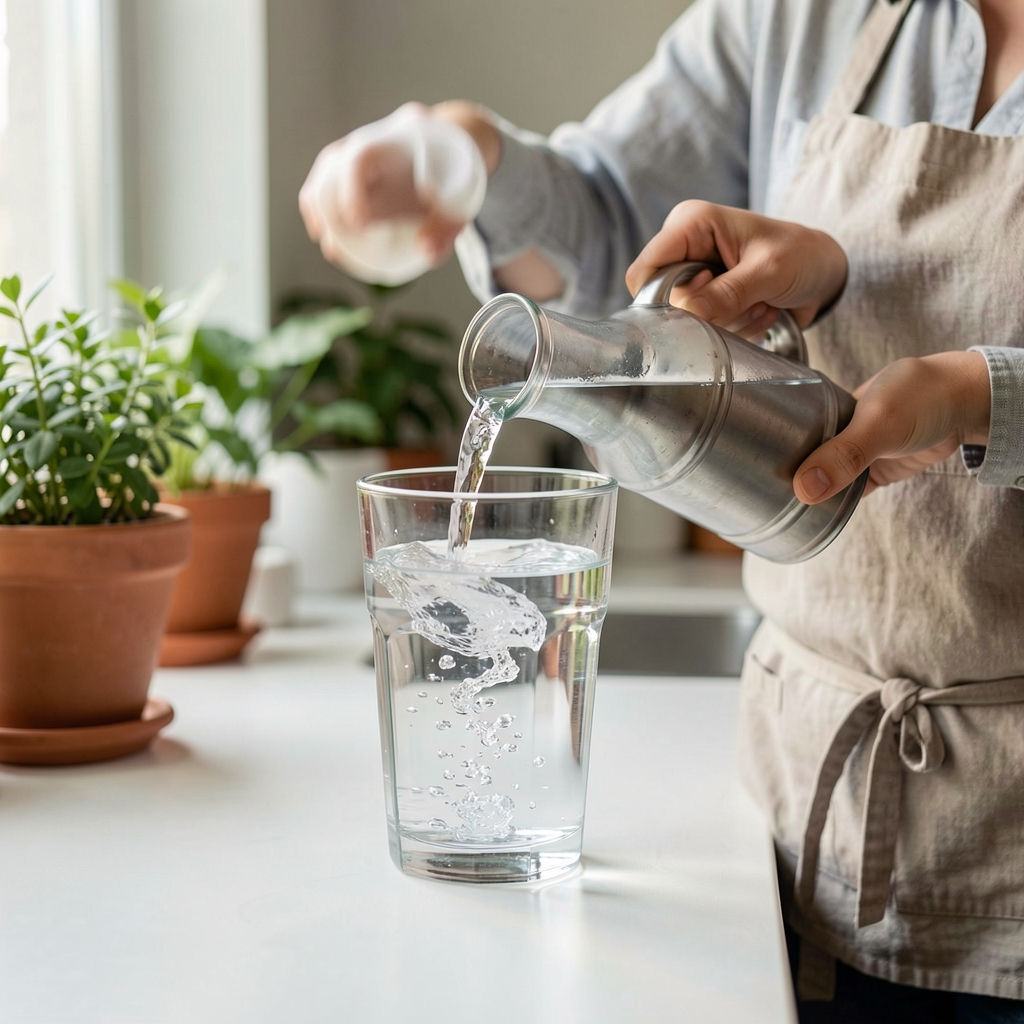Person giesst ein grosses Glas frisches Wasser ein – Flüssigkeitszufuhr als Teil einer bewussten Tagesroutine und gesunden Gewohnheiten