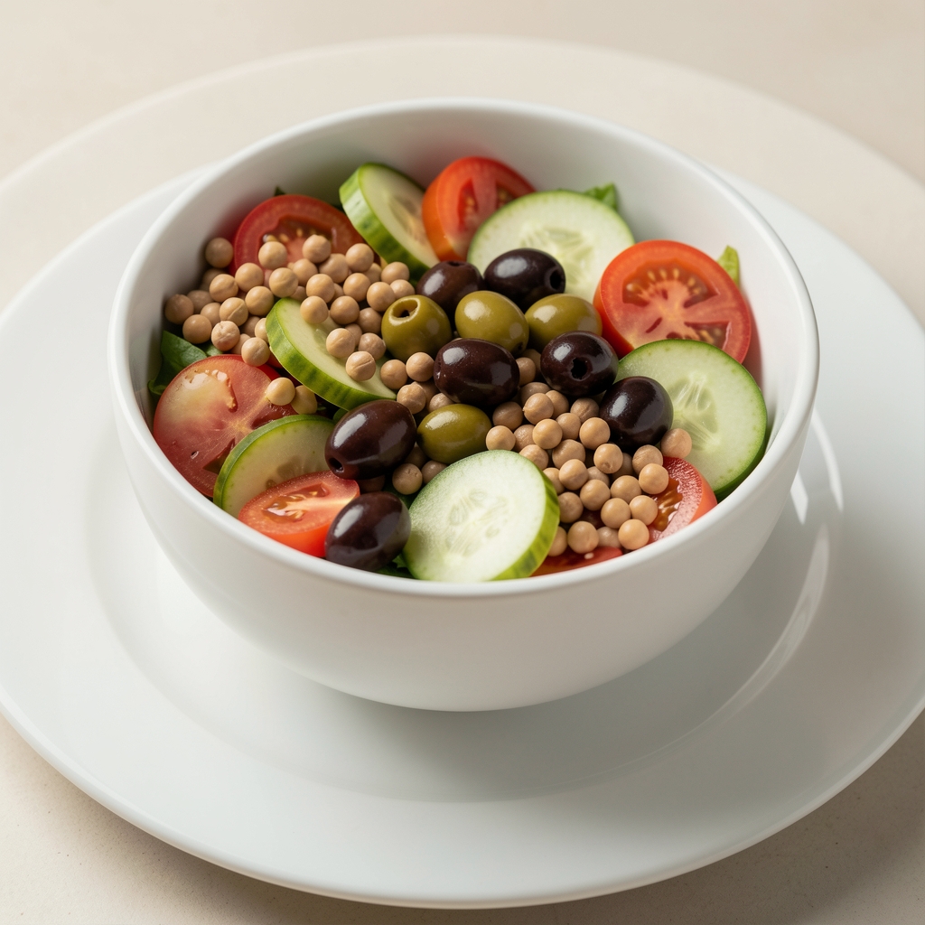 Bunte mediterrane Salatschüssel mit Tomaten, Gurken, Oliven und Kichererbsen auf einem weissen Teller – frische, natürliche Zutaten